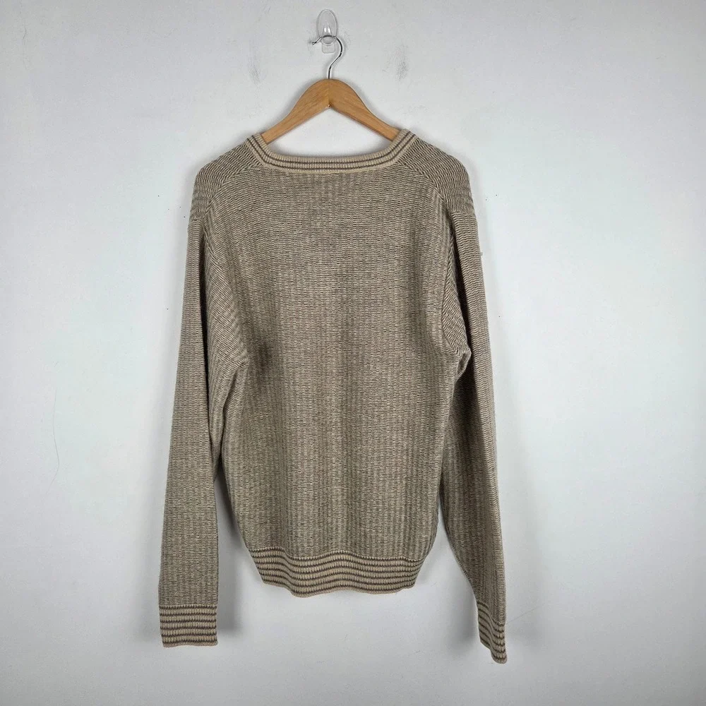 Vintage Pierre Cardin Men's V-Neck Sweater Tan Striped Knit Size L Preppy Casual